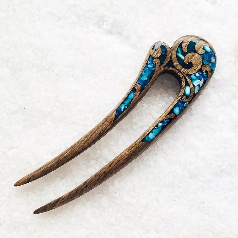 Hair clip, hair pin, carved wooden hair fork with blue stones, gift for her - 髮夾/髮飾 - 木頭 藍色