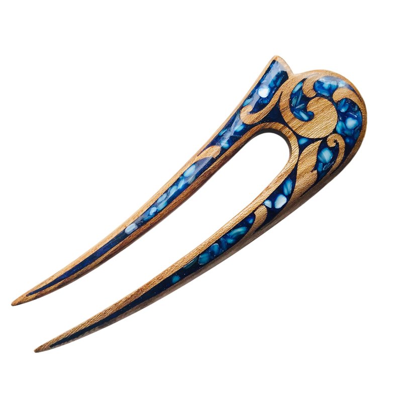 Hair clip, hair pin, carved wooden hair fork with blue stones, gift for her - เครื่องประดับผม - ไม้ สีน้ำเงิน