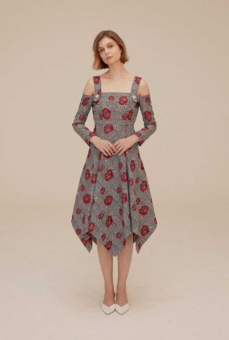 Poppies irregular skirt dress (houndstooth) - ชุดเดรส - เส้นใยสังเคราะห์ หลากหลายสี