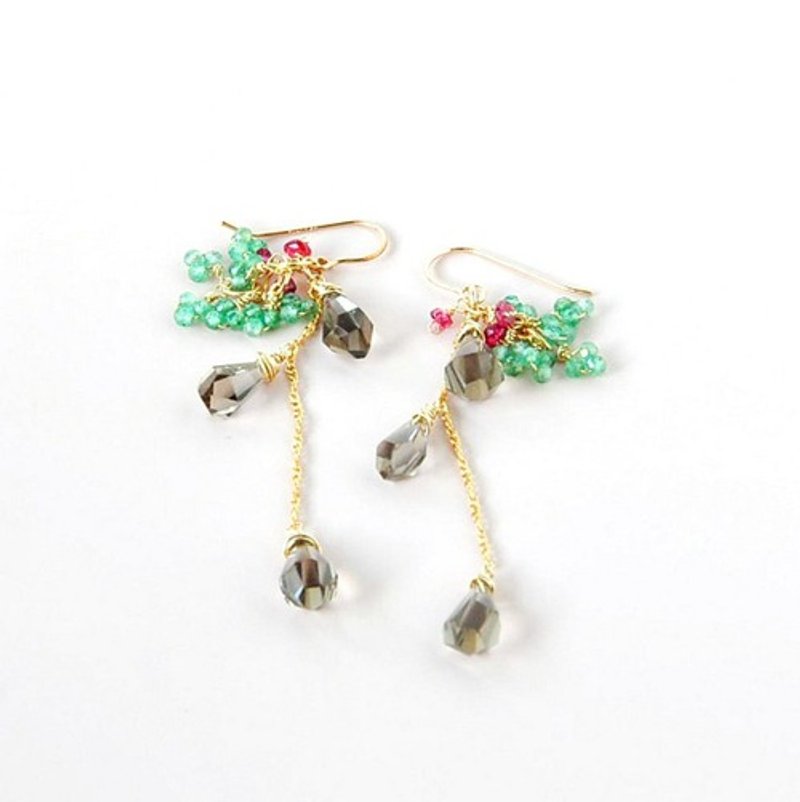 14kgf/smoky quartz x emerald earrings - ต่างหู - เครื่องเพชรพลอย 