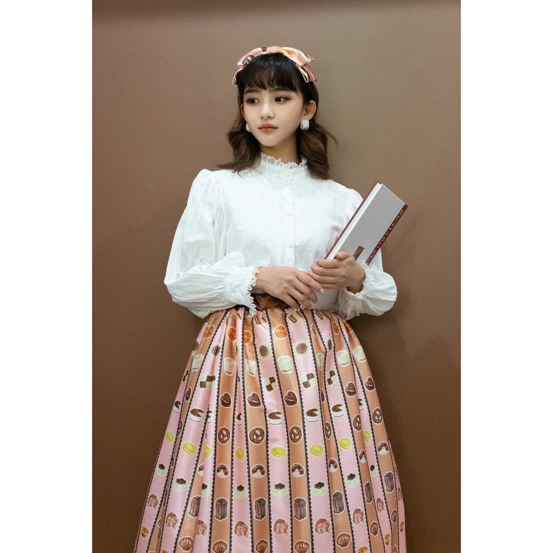 Lolita甜點蕾絲自家印花半身裙 - 裙子/長裙 - 棉．麻 粉紅色