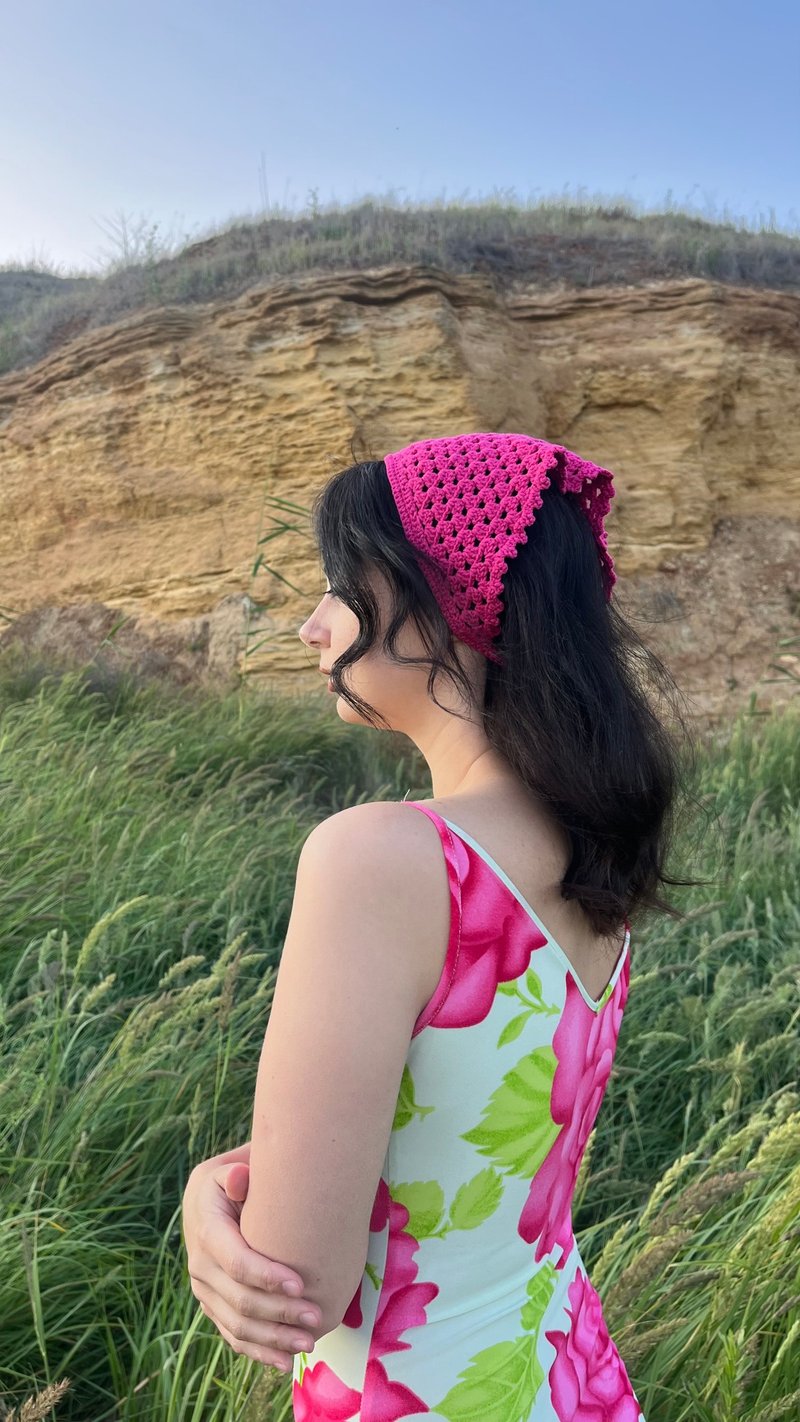 Raspberry Crochet Lace Headscarf – Lightweight Boho Hair Scarf Triangle Bandana - 髮箍/髮帶 - 其他材質 紫色
