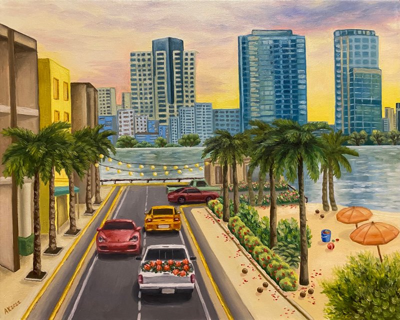 Sunrise Island, original oil painting, oil on canvas, Miami Beach, tropical art - ตกแต่งผนัง - วัสดุอื่นๆ หลากหลายสี