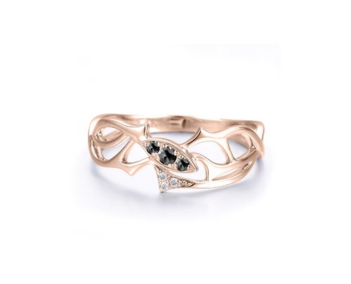 Majade Jewelry Design 黑鑽石14k金馬眼形訂婚戒指 樹枝造型求婚鑽戒 匕首荊棘結婚戒指
