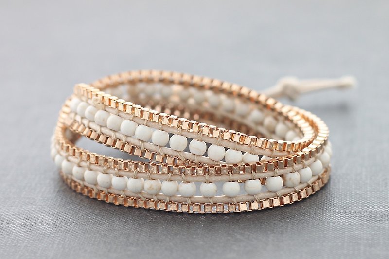 White Turquoise Copper Double Wrap Bracelets Chain Woven - สร้อยข้อมือ - โลหะ สีทอง
