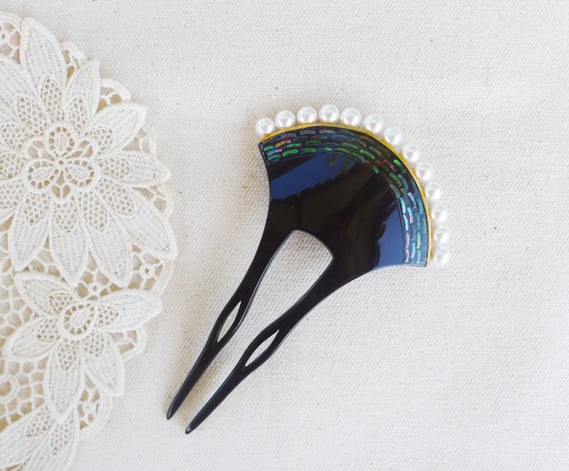 70s Japanese Shiny Black Celluloid Top Hair pin with
