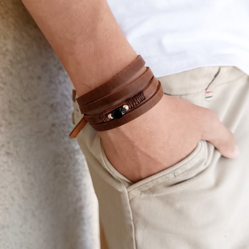 Multi Layer Bracelet with Black Tourmaline, Wrap Choker, Versatile Jewelry - 手鍊/手環 - 真皮 咖啡色