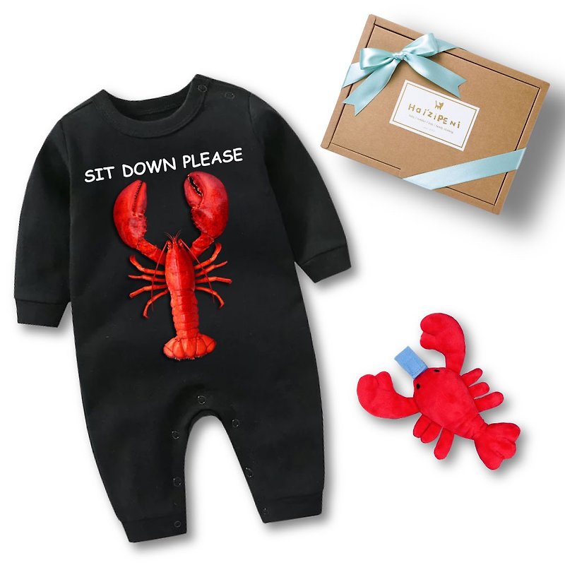 Lobster Jumpsuit (Black) & Pacifier Holder - Baby shower gift - ของขวัญวันครบรอบ - ผ้าฝ้าย/ผ้าลินิน สีดำ