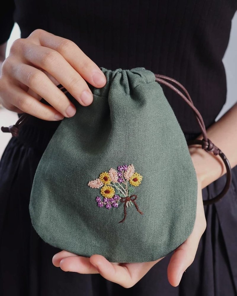 Flowers Hand Embroidery Drawstring Bag
