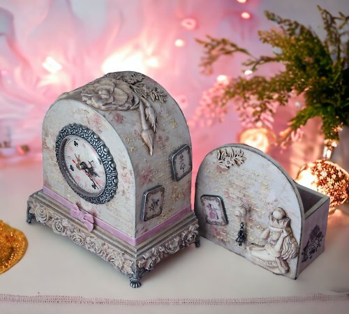 HelenRomanenko Alice in Wonderland Table clock and mini chest of drawers with flowers