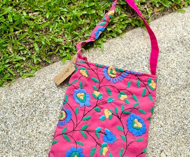 手刺繍ショッキングピンク花柄クロスボディバッグショルダーバッグ