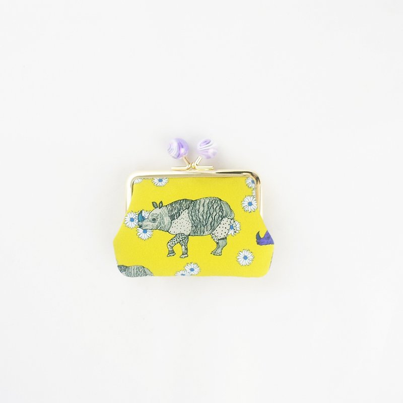 【Classic Small Bag】-Rhino and Flower - กระเป๋าใส่เหรียญ - ผ้าฝ้าย/ผ้าลินิน สีเหลือง