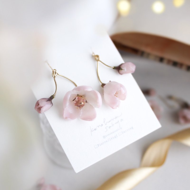 14kgf earrings with first blooming cherry blossoms, Clip-On, Sakura, Cherry blossoms, Dried flower Earrings, No.207 - Earrings & Clip-ons - Plants & Flowers Pink