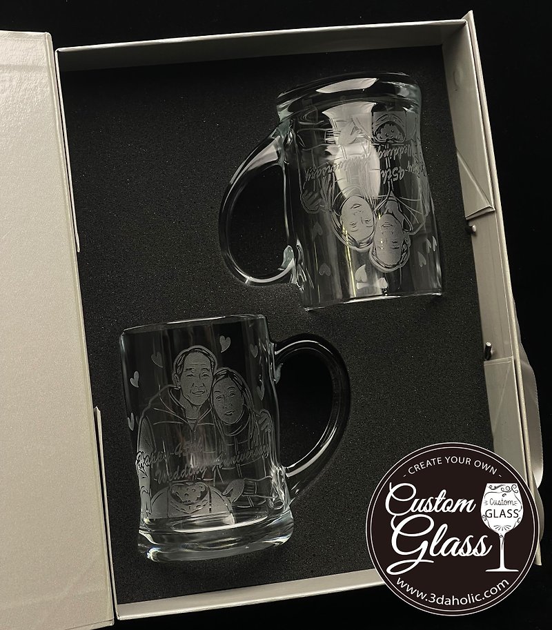 【客製化訂製】人像啤酒杯雕刻(一對)連禮盒 - 真人相片酒杯雕刻 - 酒杯/酒器 - 玻璃 透明