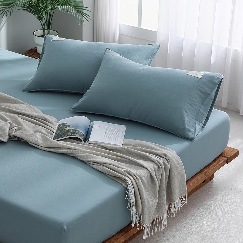 Japanese light twisted yarn three-piece pillowcase bed bag set/Bilu - เครื่องนอน - ผ้าฝ้าย/ผ้าลินิน สีเขียว