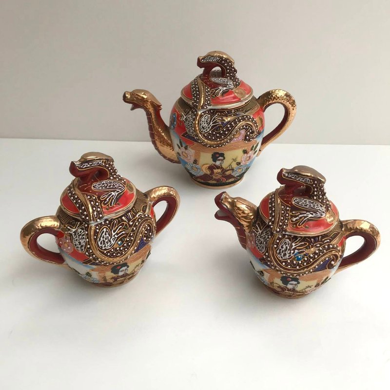 Antique Satsuma Tea Set | Japanese Sugar Bowl, Teapot | 24K gold Tea Set - Teapots & Teacups - Porcelain Brown