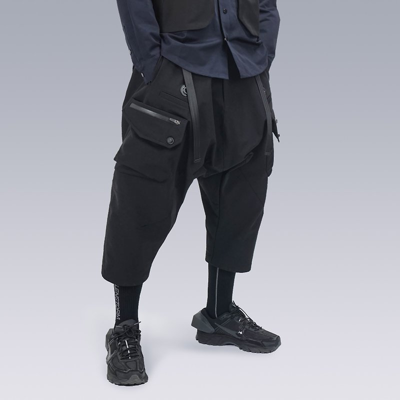 Pocket function low-crotch pants casual overalls men's loose trousers samurai cropped pants - กางเกงขายาว - เส้นใยสังเคราะห์ สีดำ
