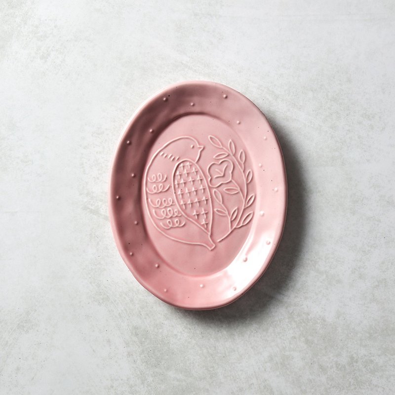 Ishimaru Hasamiyaki-Song of Mori Oval Bird Plate-Sakura Powder - Small Plates & Saucers - Pottery Pink