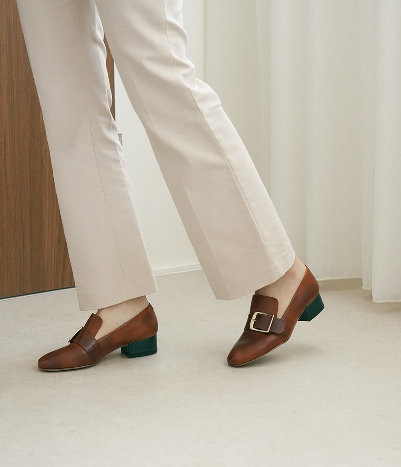 3.4 Buckle Loafer Heels - Caramel Brown - Women's Oxford Shoes - Genuine Leather Brown