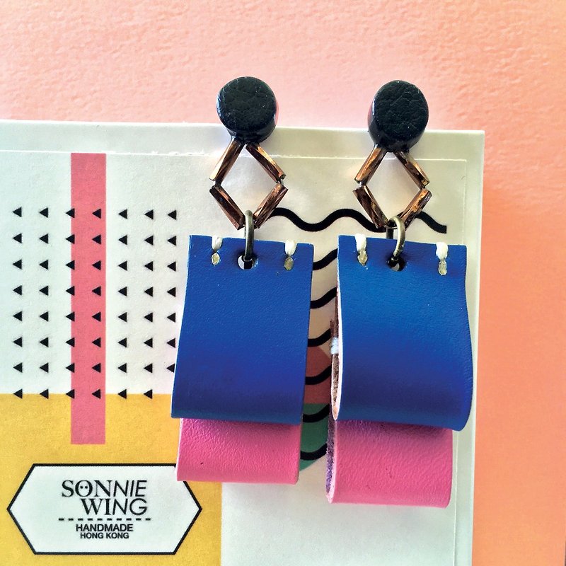 Sonniewing幾何学的色の革のイヤリング（純銀製の耳） - ピアス・イヤリング - 革 ブルー
