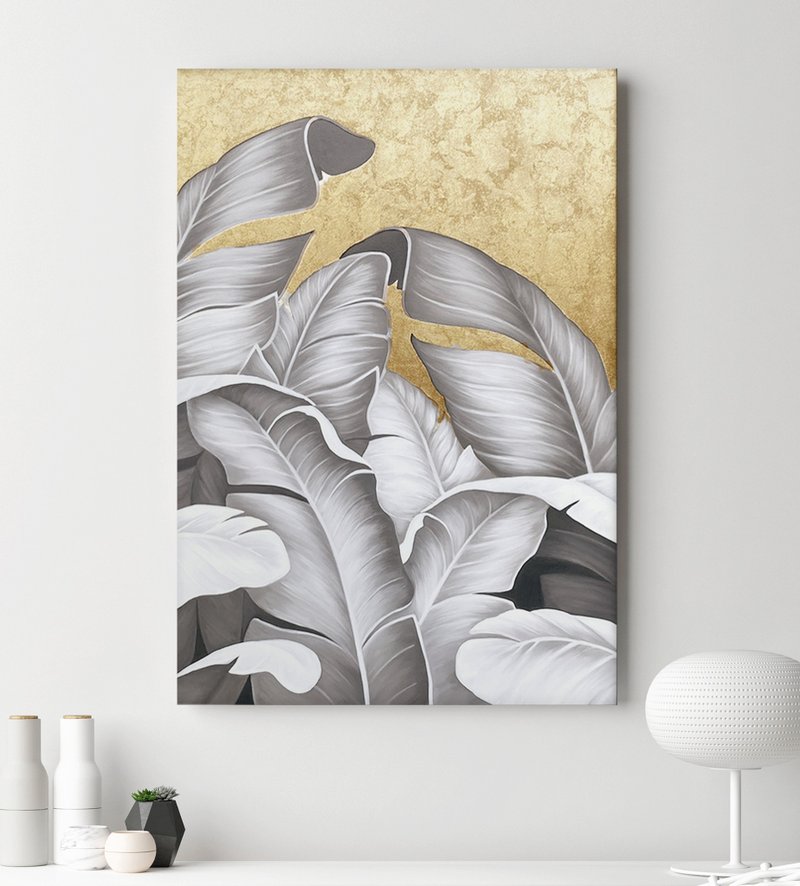 金の絵画 | バナナの葉 | 葉の絵画 | 葉のアート | 黄金の葉 4 - ウォールデコ・壁紙 - コットン・麻 ゴールド