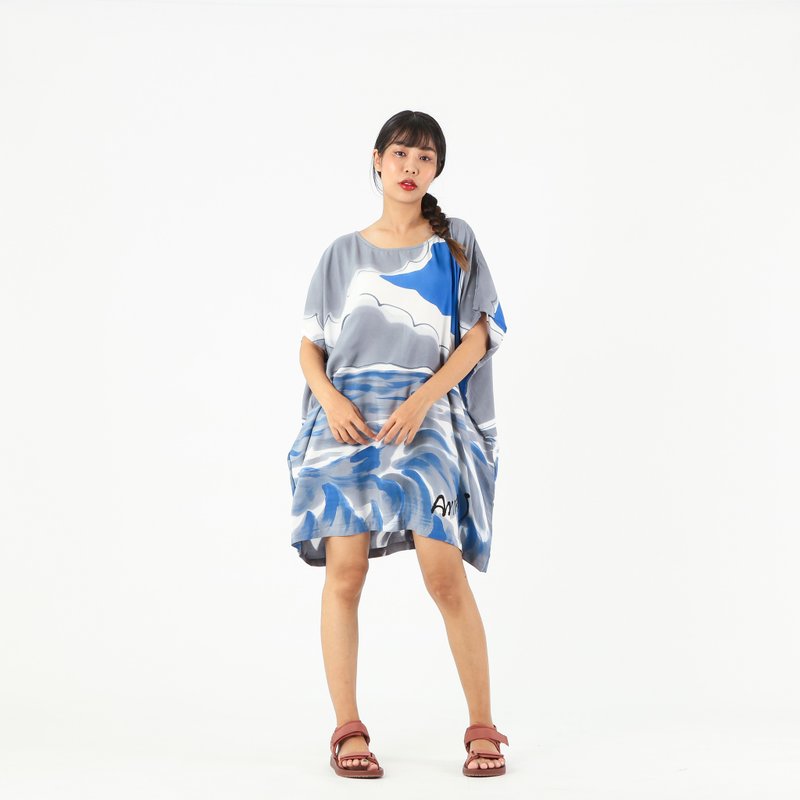 Long Blouse Cotton Rayon Hand Paint Free Size - 女上衣/長袖上衣 - 棉．麻 藍色