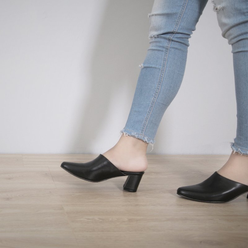 Mules Heels (極致黑) Black 中高跟穆勒 | WL - 穆勒鞋 - 真皮 黑色