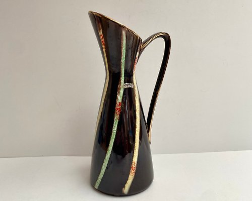 HappyDuckVintage 可愛的複古琺瑯陶瓷花瓶/水罐 德國 Jasba 1970 年代