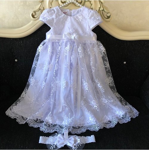 V.I.Angel White lace dress with headband. Baptism dress for baby girl.