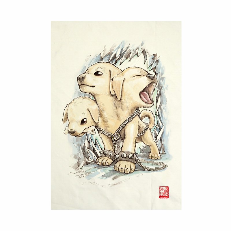 ผ้าญี่ปุ่น ผ้าแคนวาส พิมพ์ลาย หมาสามหัวจูเนียร์ ไม่มีกรอบ - อื่นๆ - ผ้าฝ้าย/ผ้าลินิน ขาว