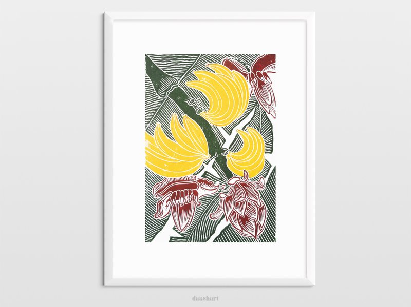 Banana art Linocut print Botanical illustration Modern poster kitchen wall art - โปสเตอร์ - กระดาษ สีเหลือง