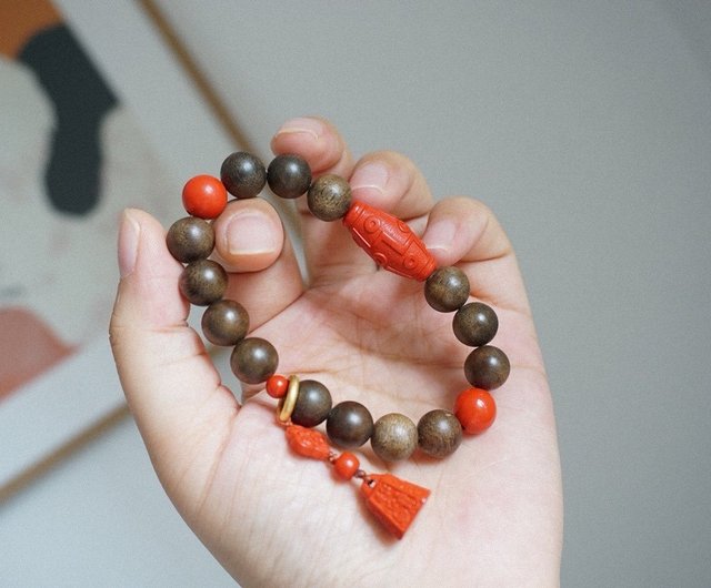 カリマンタン沈香　ブレスレット　ビーズ 8mm 天然カリマンタン沈香辰砂九眼 dzi ビーズ デザイン