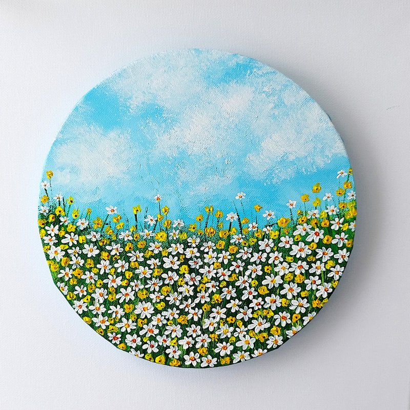 Daisies Canvas Painting Wildflowers Art Impasto Landscape Wall Decoration - 壁貼/牆壁裝飾 - 壓克力 多色