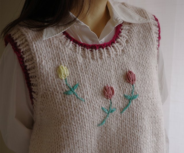 Tulip embroidery hand-woven vest wool knitted needle vest