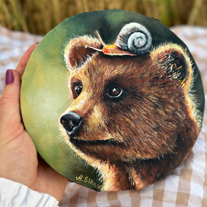 Bear original painting, Bear home decor, Nursery room wall art Round painting - 壁貼/牆壁裝飾 - 棉．麻 綠色