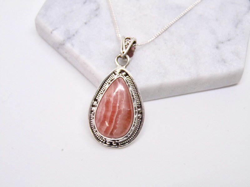 Rhodochrosite Inca rose 925 sterling silver necklace classic striped Nepal handmade inlaid birthday gift Valentine's gift - Necklaces - Gemstone Red