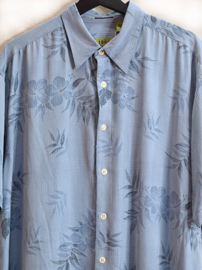 Vintage Silk Dark Pattern Shirt Aqua Blue Hibiscus Flower - เสื้อเชิ้ตผู้ชาย - ผ้าไหม 