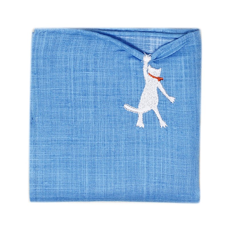 HIKKOMI 猫　ブルー　ハンカチ　41×41cm　綿50% 麻50%　日本製　ギフト - 手帕 - 棉．麻 藍色