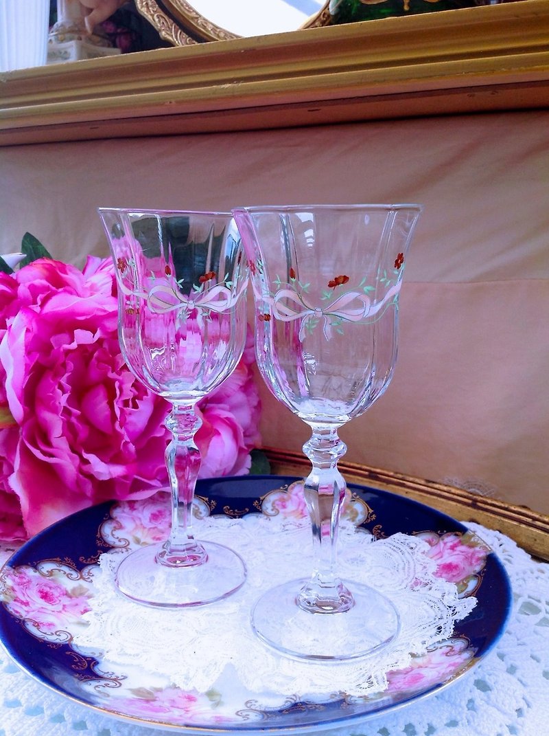 French hand-cut crystal carved 1960s bow red and white wine glass juice glass water glass pair - แก้วไวน์ - คริสตัล สึชมพู