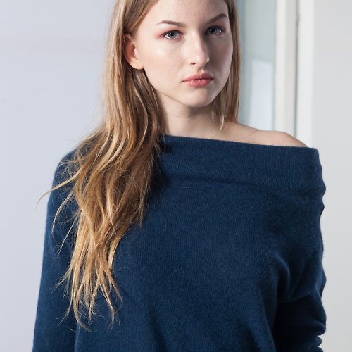 Krista Elsta Off the Shoulder Cowl Neck Sweater, Dark Blue Navy Cashmere Knit Pullover