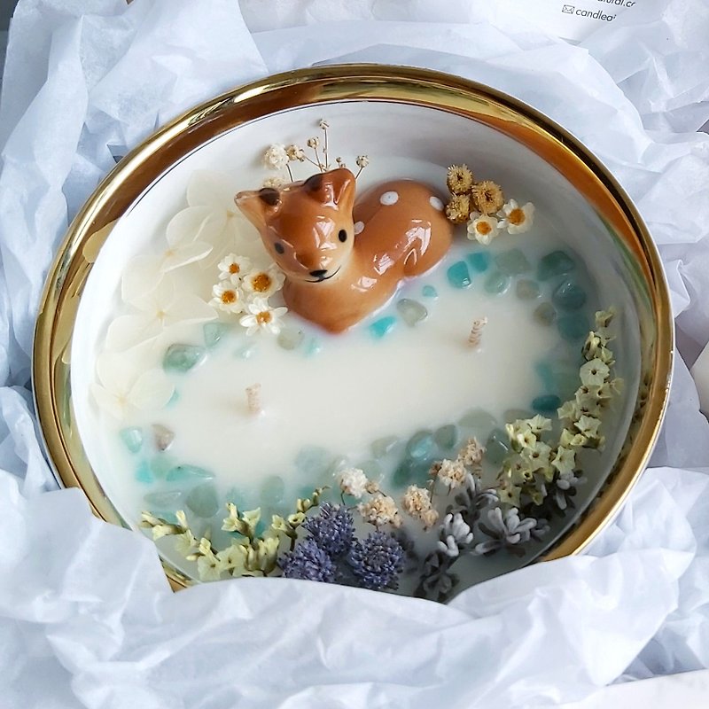 Amazonyte - White Marble bowl | Dried flower Crystal Natural Soywax Candle - เทียน/เชิงเทียน - ขี้ผึ้ง สีนำ้ตาล