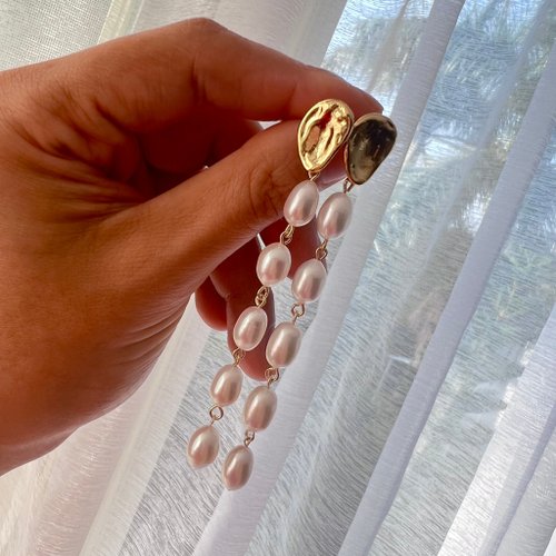 Ellajo Bijoux 淚光流影天然珍珠垂墜流蘇款長耳環
