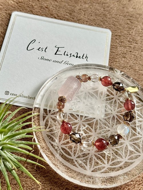 C’est Elisabeth Pink Rhapsody高品質鑽切茶晶粉晶草莓晶銅髮晶月光石14k包金手鏈