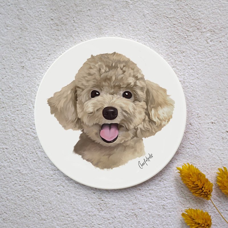 Watercolor Style Pet Portrait Coaster (Cream Poodle) - Other - Pottery White