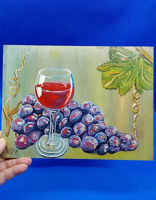 CosinessArt Still life Grapes and wine. Contemporary Art Original Artwork Romantic Painting