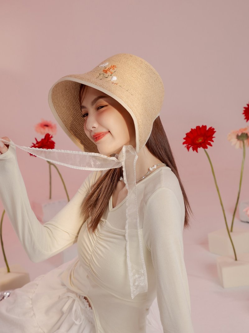 夏日限定花海。MUCHAT手作刺繡綁帶拉菲草草帽/休閒帽 - 帽子 - 聚酯纖維 橘色