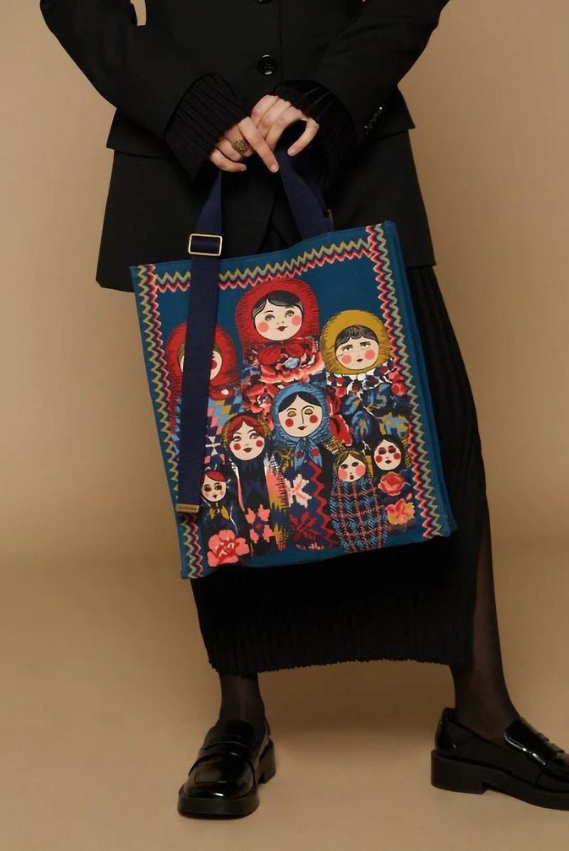 INOUI EDITIONS|MATRIOCHKA帆布手提包|俄羅斯娃娃 直式托特包 - 側背包/斜背包 - 棉．麻 藍色