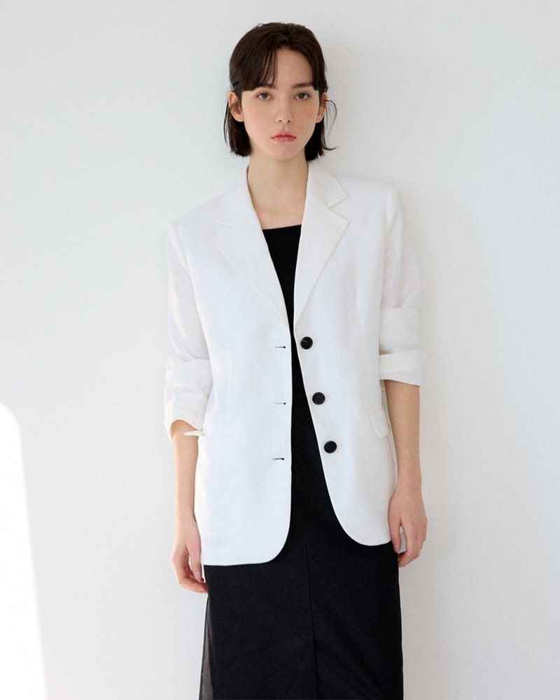 Korea sisterhood, Basic Linen Jacket Long - White - 女大衣/外套 - 棉．麻 白色