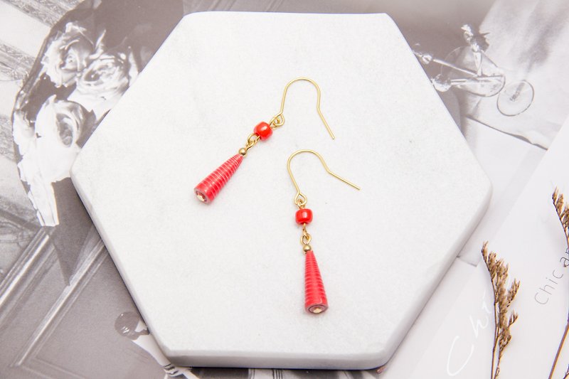 Famous painting series - beaming red beads dangle earrings - ต่างหู - โลหะ สีเทา