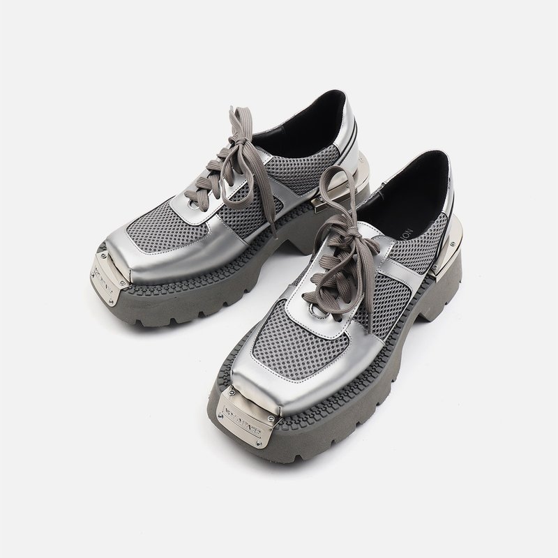 notdetailed original wasteland style functional dad shoes silver splicing mesh single shoes square head thick-soled shoes - รองเท้าลำลองผู้หญิง - หนังแท้ สีเงิน